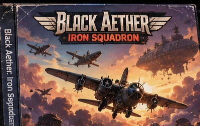 Capa de Black Aether: Iron Squadron, com aviões dieselpunk em combate diante de um céu ao entardecer.