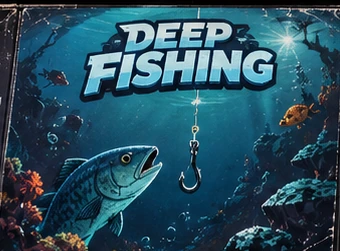 Capa de Deep Fishing: um peixe e um anzol no fundo do mar.