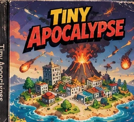 Capa de Tiny Apocalypse: uma pequena ilha com cidade, vulcão em erupção e meteoros caindo.