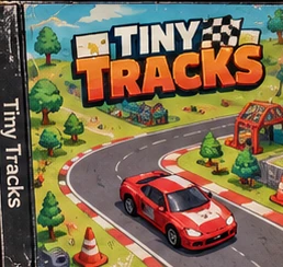 Capa de Tiny Tracks: um carro vermelho em uma pista em miniatura cercada de árvores.